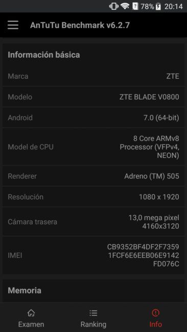 Datos AnTuTu del ZTE Blade V8
