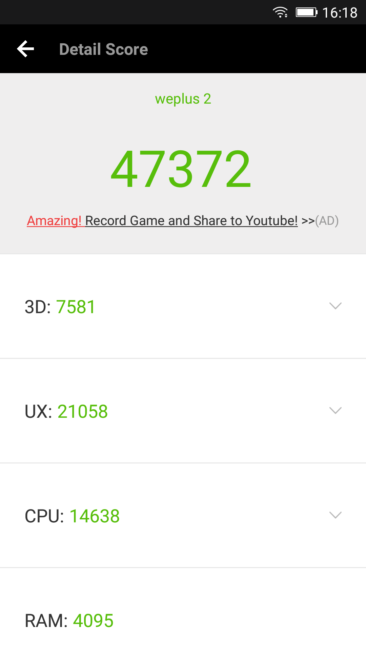 Resultado en AnTuTu Weimei WePlus 2