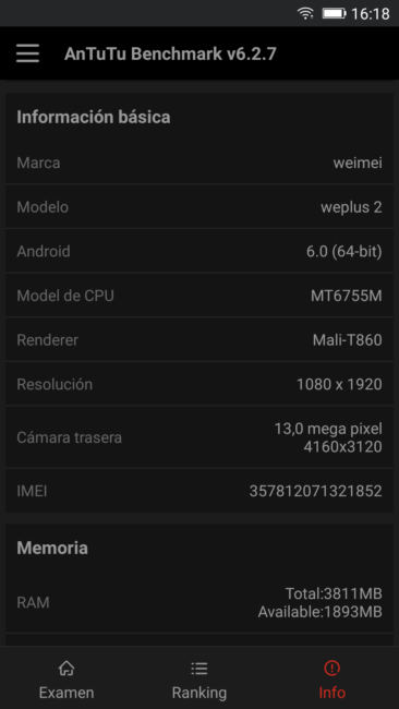 Datos en AnTuTu del Weimei WePlus 2