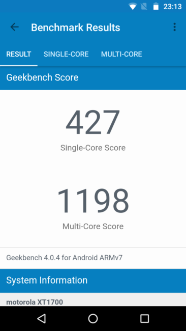 Resultado GeekBench de Moto E3