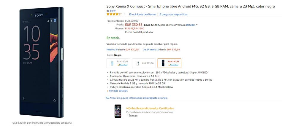 Precio del Sony Xperia X Compact en Amazon