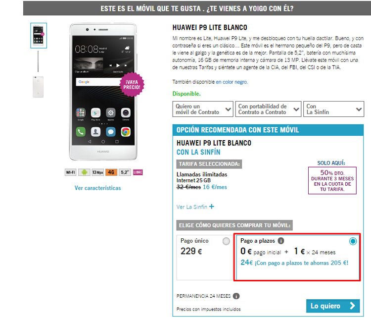 Oferta del Huawei P9 Lite con Yoigo