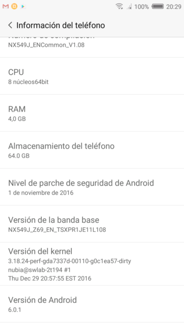 Sistema del Nubia Z11 miniS