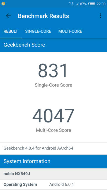 Resultado con Geekbench con el Nubia Z11 miniS