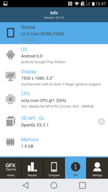 Datos den GFXBench del LG X cam