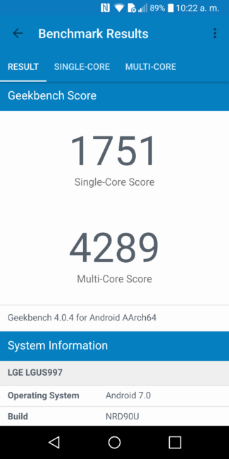 Resultado Geekbench con el LG G6