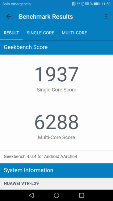 Resultado en Geebench del Huawei P10