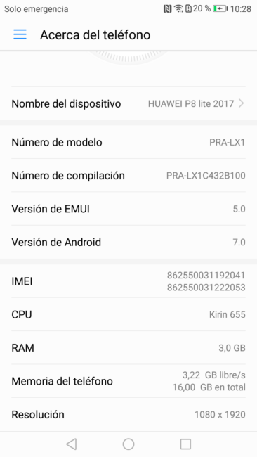 Sistema del Huawei P8 Lite 2017