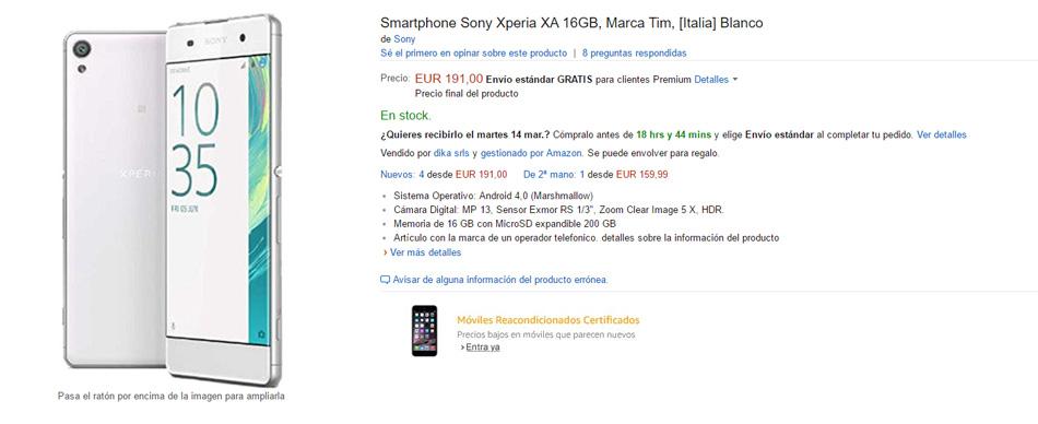 Precio del Sony Xperia XA en Amazon