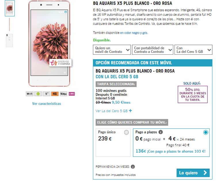 Precio del bq Aquaris X5 Pro en Yoigo