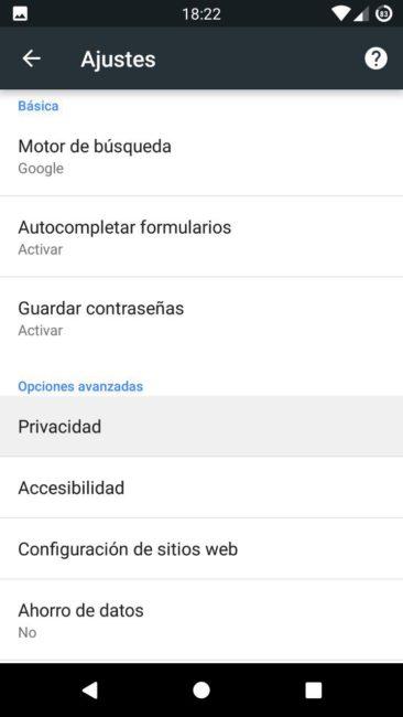 Ajustes Privacidad Google Chrome Android