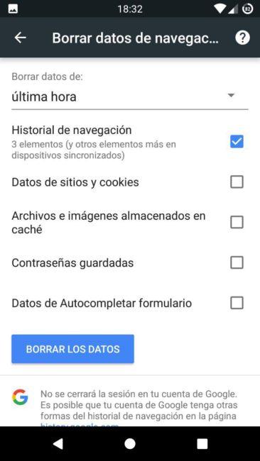 Borrar datos navegación Google Chrome Android