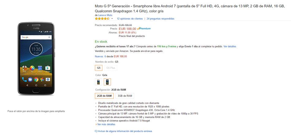 Precio del Moto G5 en Amazon