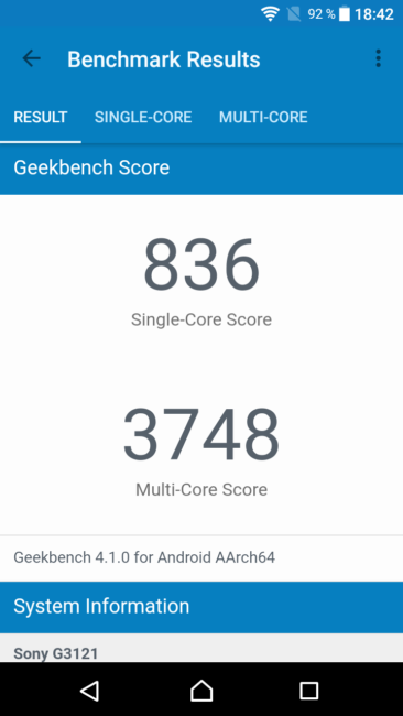 Resultado en geekbench del Sony Xperia XA1