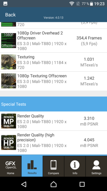 Resultado en GFXBench del Sony Xperia XA1