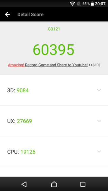 Resultado en AnTuTu del Sony Xperia XA1