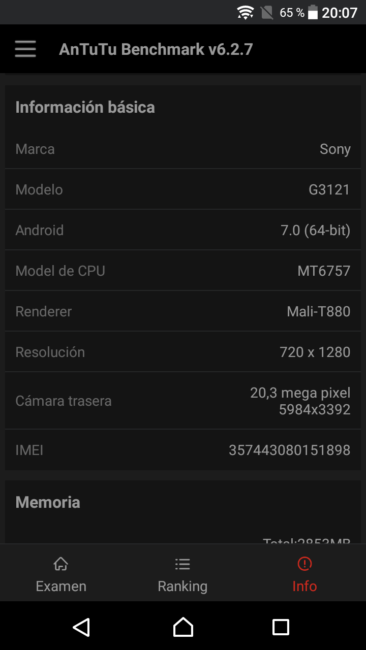 Dtos en AnTuTu del Sony Xperia XA1