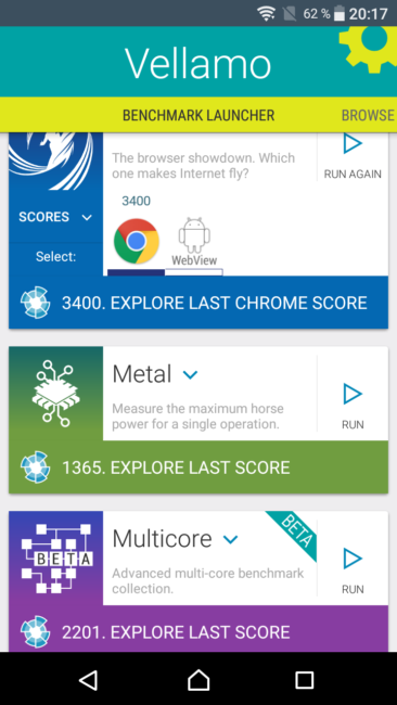 Resultado en Vellamo del Sony Xperia XA1