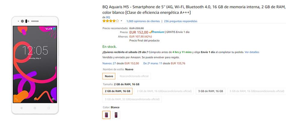 Comprar el bqAquaris M5 en Amazon por 152 euros