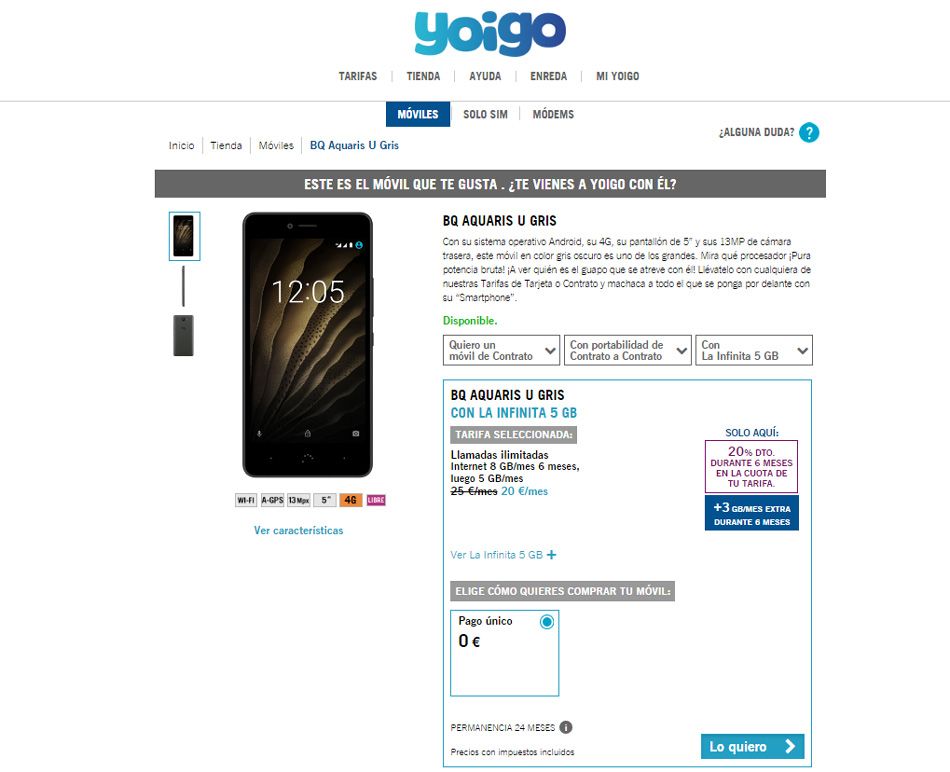 bq Aquaris U gratis con Yoigo