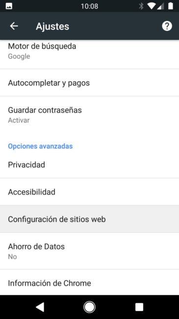 Configuración de sitios web Android Google Chrome