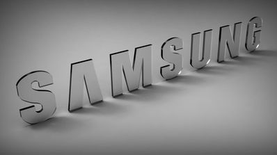 Logo de Samsung con fondo gris y letras de cristal