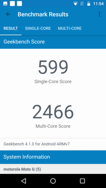 Resultado en GeekBench con el Moto G5