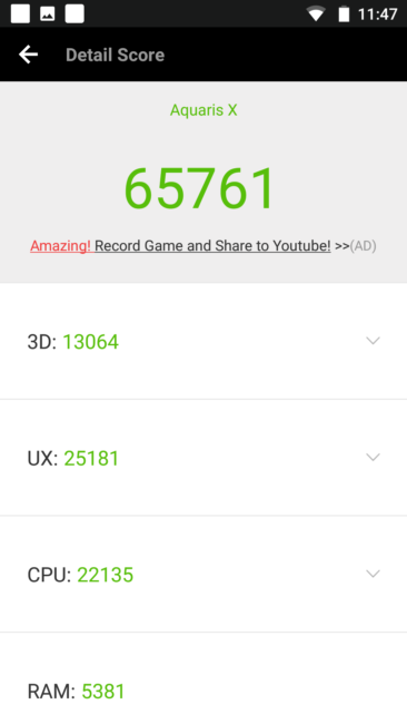 Resultado en AnTuTu del BQ Aquaris X