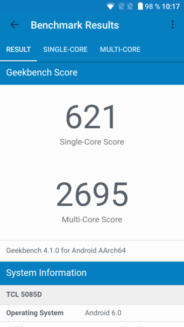 Resultados Geek Bench Alcatel A5 LED