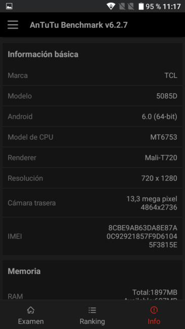 Datos en AnTuTu del Alcatel A5 LED