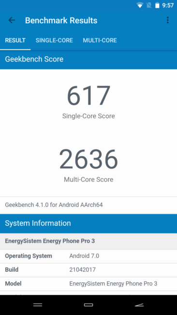 Resultado en GeekBench del Energy Phone Pro 3