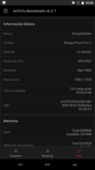 Datos en AnTuTu del Energy Phone Pro 3