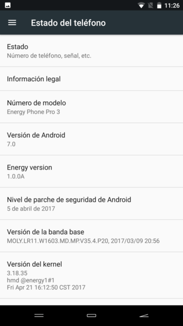 Datos sistema del Energy Phone Pro 3