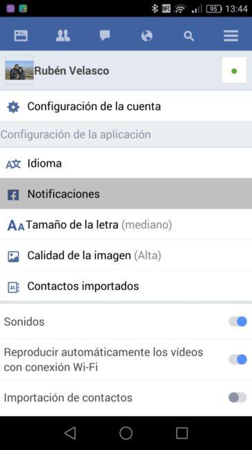 Configuración - Notificaciones Facebook Lite Android