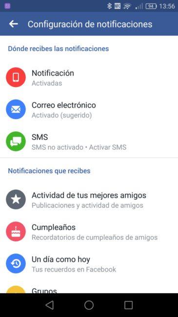 Configuración notificaciones Facebook Android