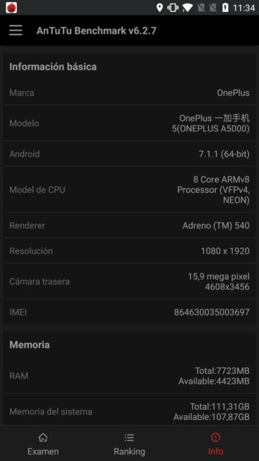 Datos AnTuTu OnePlus 5