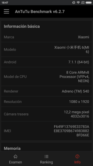 Datos AnTuTu del Xiaomi Mi 6