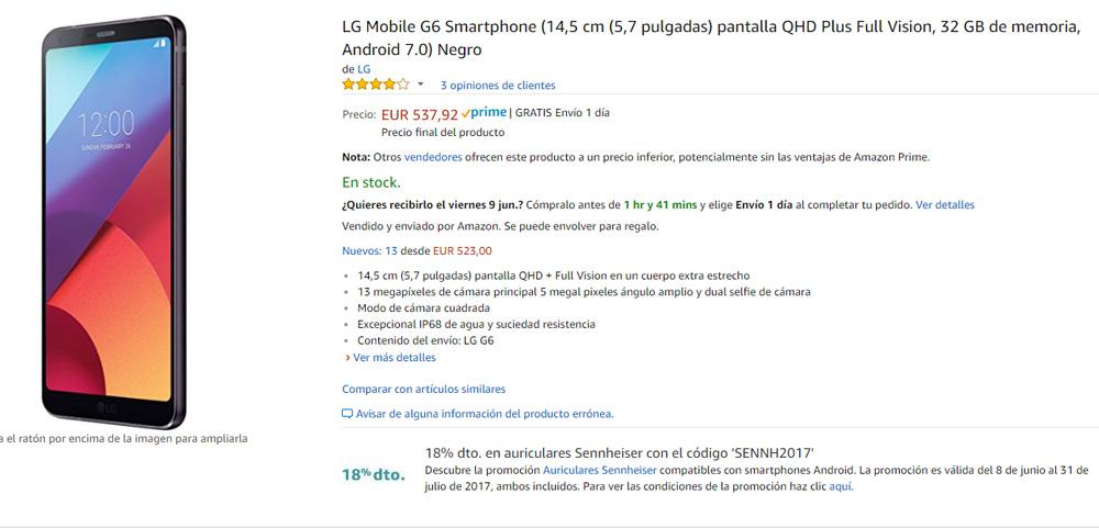 Precio del LG G6 en Amazon