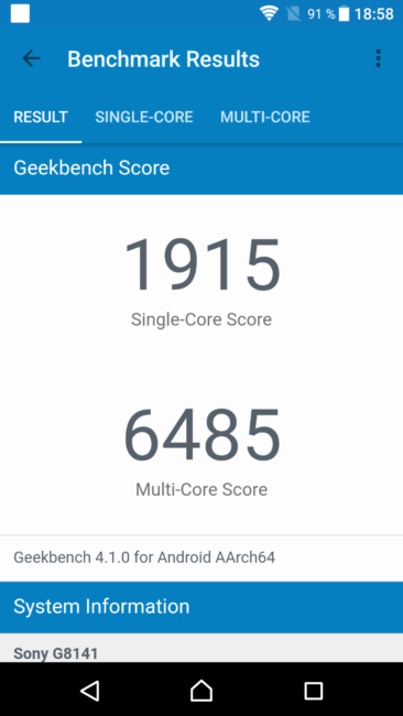 Resultado en Geekbench con el Sony Xperia XZ Premium