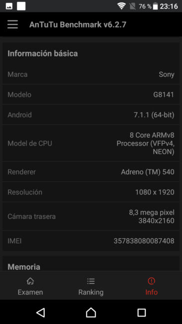 Datos en AnTuTu del Sony Xperia XZ Premium