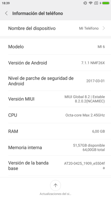 Inforamción del sistema en el Xiaomi Mi 6