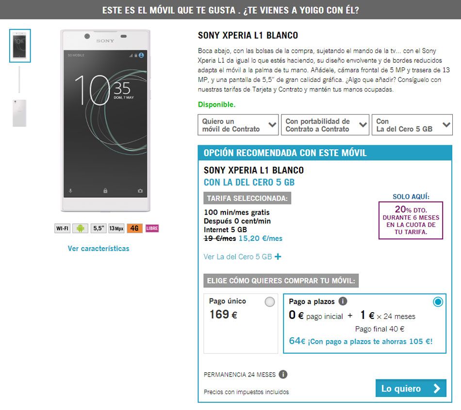 Precio del Sony Xperia L1 con Yoigo