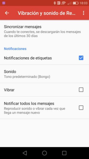 Ajustes de notificaciones de Gmail para Android