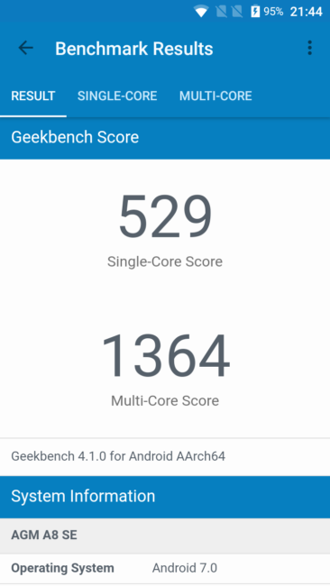 Resultado GeekBench del AGM A8 SE