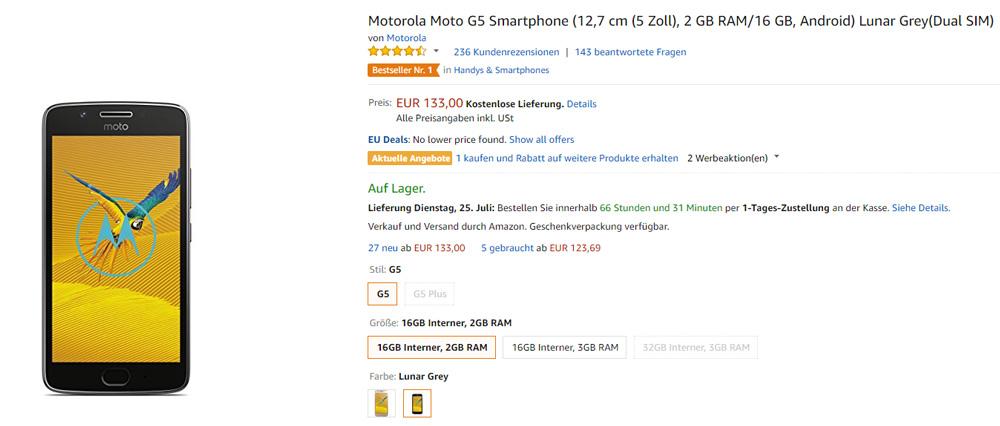 Oferta del Moto G5 en Amazon Alemania