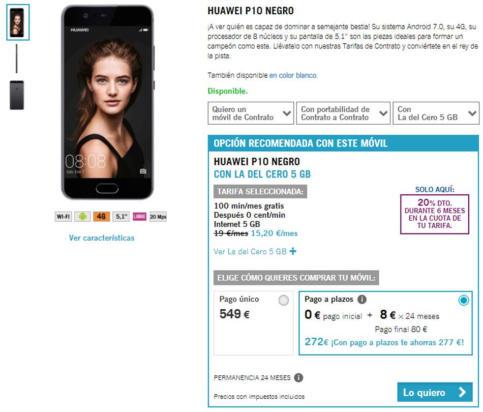 Oferta del Huawei P10 en Yoigo