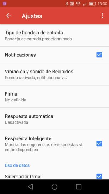 Opciones de cuenta de Gmail para Android