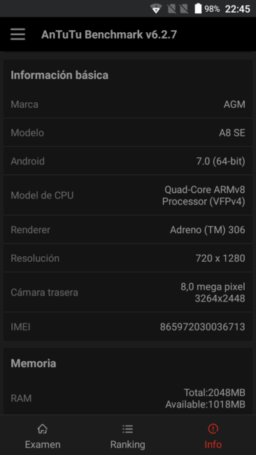 Daros AnTuTu del AGM A8 SE