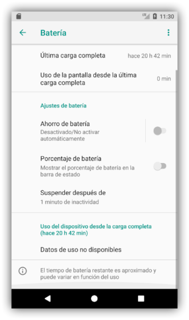 Datos carga y optimizacion de batería Android 8.0 Oreo