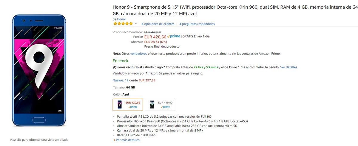 Rebaja de precio del Honor 9 en Amazon